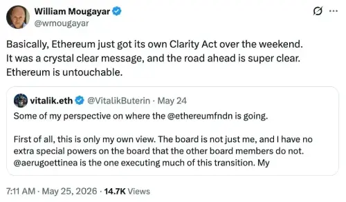 Vitalik Buterin 表示，以太坊基金会的角色被明确为生态系统中的“一个节点”